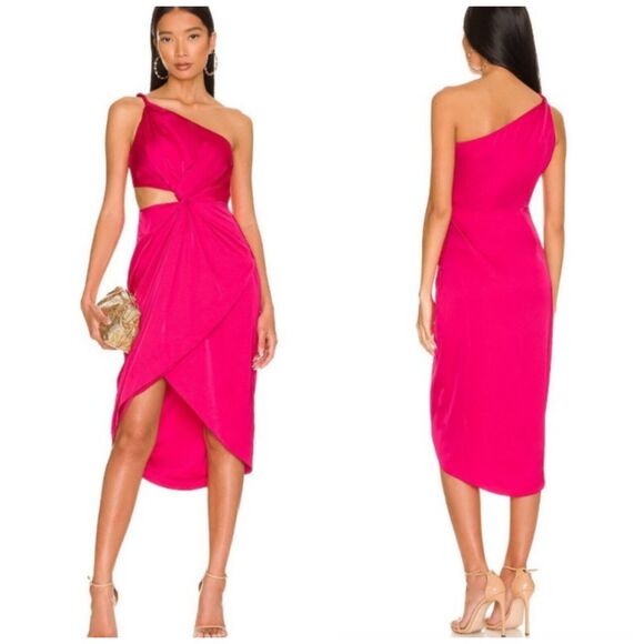 AMUR Deena One Shoulder Cut Out Hot Pink Satin Cocktail Dress $495 Sz 4 - Picture 1 of 8